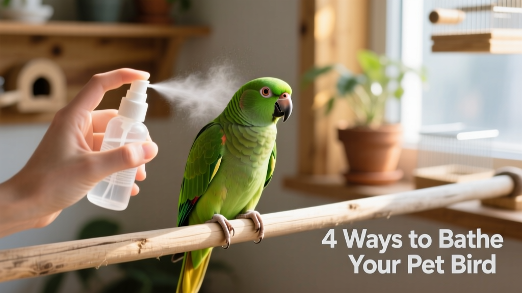 Close-up of a hand holding a fine-mist spray bottle gently misting a calm green-cheeked conure perched on a wooden dowel