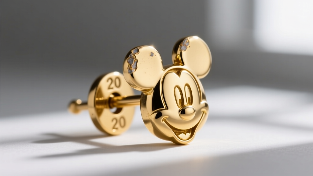 Macro photography of a gold vermeil Mickey earring post showing slight wear and brass exposure near the 20-gauge friction clutch.