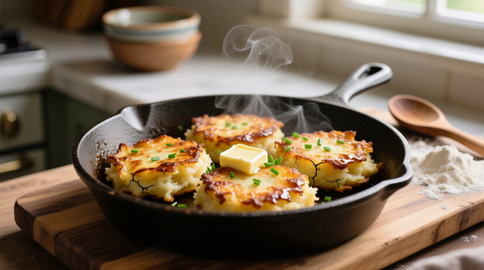 Crispy golden potato cakes made from leftover mashed potatoes
