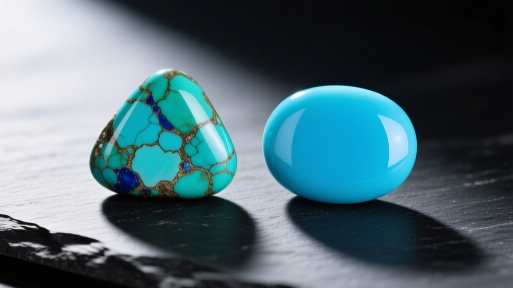A veined Kingman turquoise cabochon and a pure blue Persian turquoise cabochon resting side-by-side on a dark slate surface.