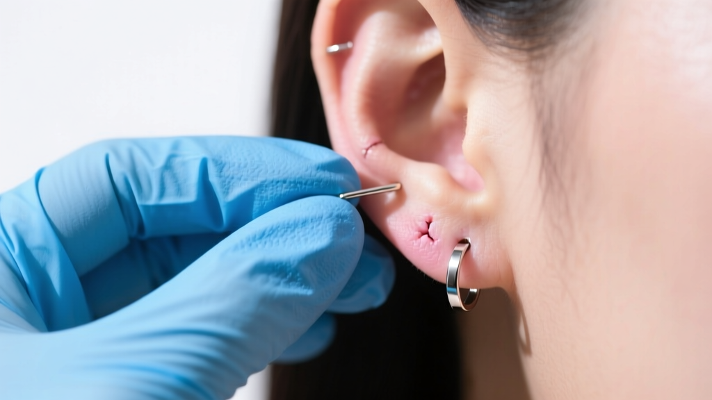 Blue nitrile gloved fingers pulling apart a threadless flat back earring from a healed helix cartilage piercing on a human ear.