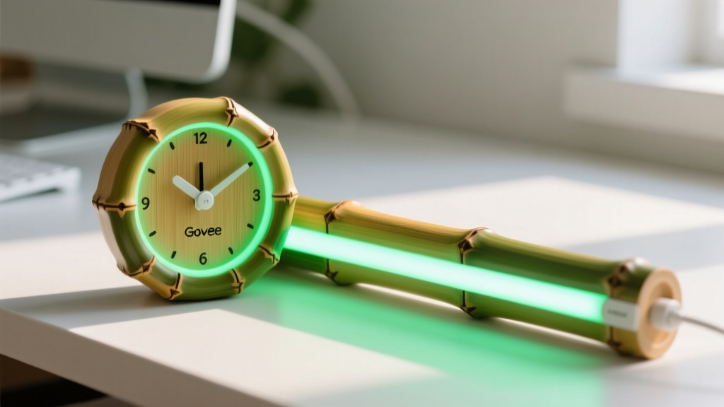 Close-up of a bamboo kinetic timer and a Govee smart LED desk light bar glowing with a soft, energy-efficient festive green hue.