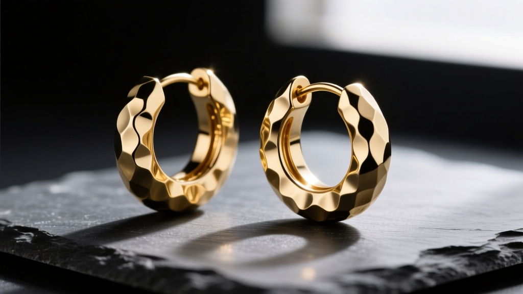 Macro shot of hammered finish 50mm hoop earrings resting on dark slate, showing light reflection on the textured gold surface