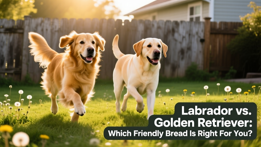 A Golden Retriever and a Labrador Retriever playing side-by-side in a sunlit backyard, both mid-trot with ears up and tails high