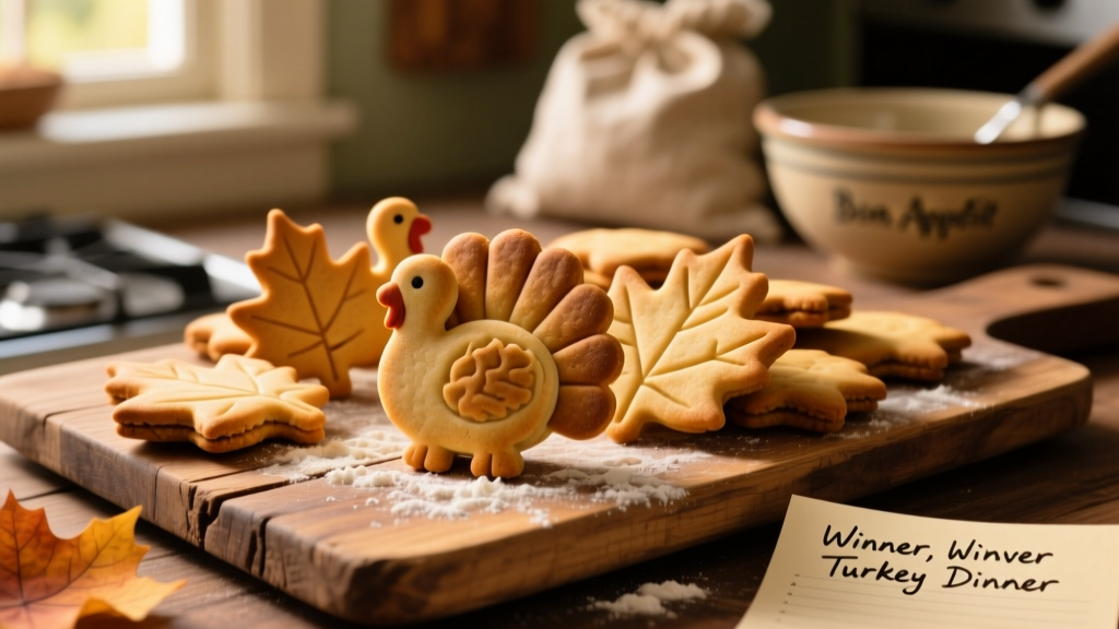 Freshly baked, golden-brown dog biscuits shaped like turkeys or leaves on a rustic wooden board