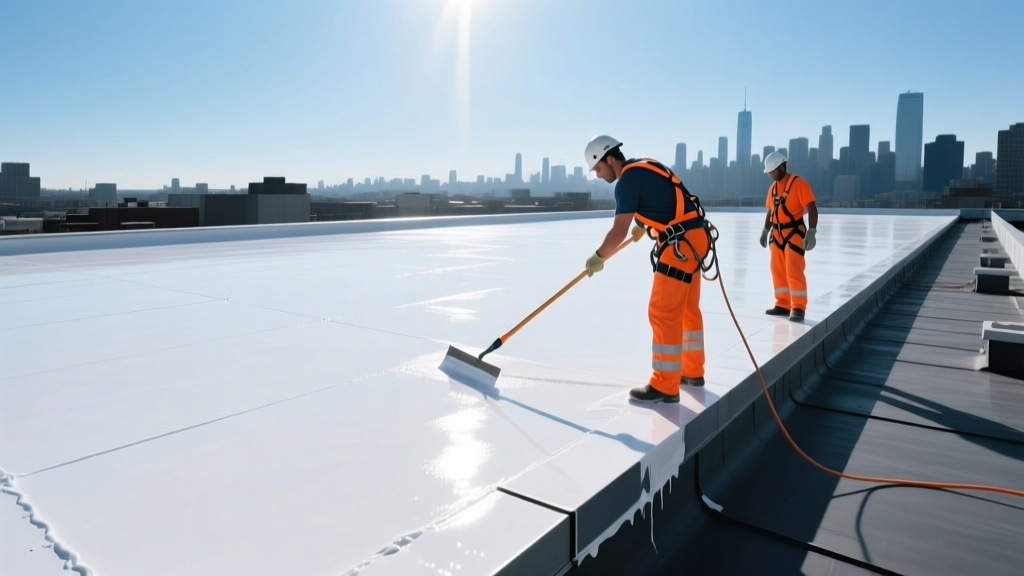 Commercial flat roof being coated with white liquid polyurethane waterproofing membrane by workers in safety harnesses
