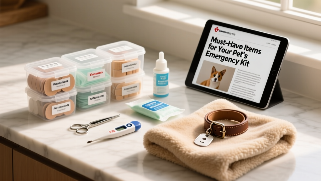 A well-organized pet emergency kit laid out on a clean surface, including labeled containers, first aid supplies, and a cozy blanket