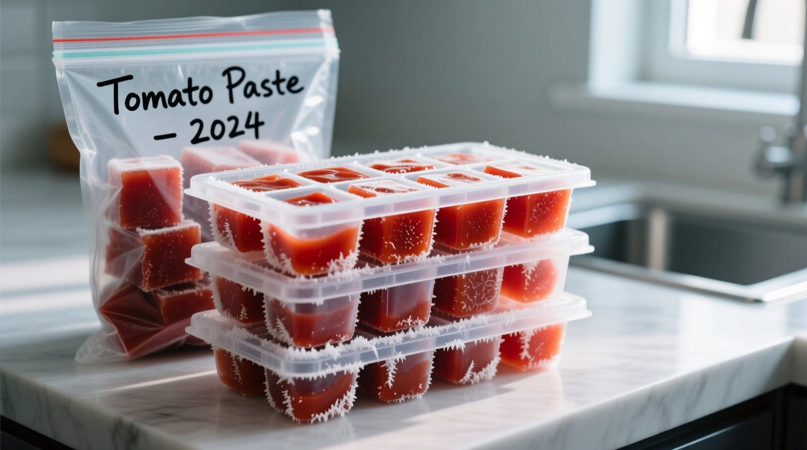 Tomato paste frozen in ice cube trays with labeled freezer bags