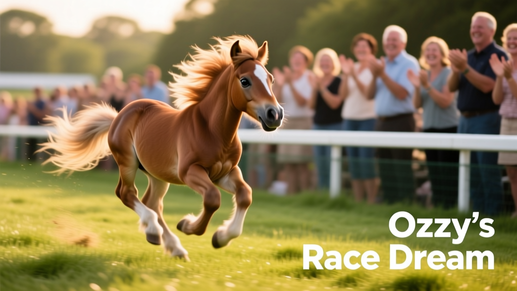 Ozzy the mini horse galloping enthusiastically around a grassy track, head high and ears pricked forward