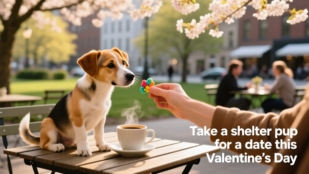 A gentle hand offering a treat to a curious, seated dog at a quiet outdoor café table