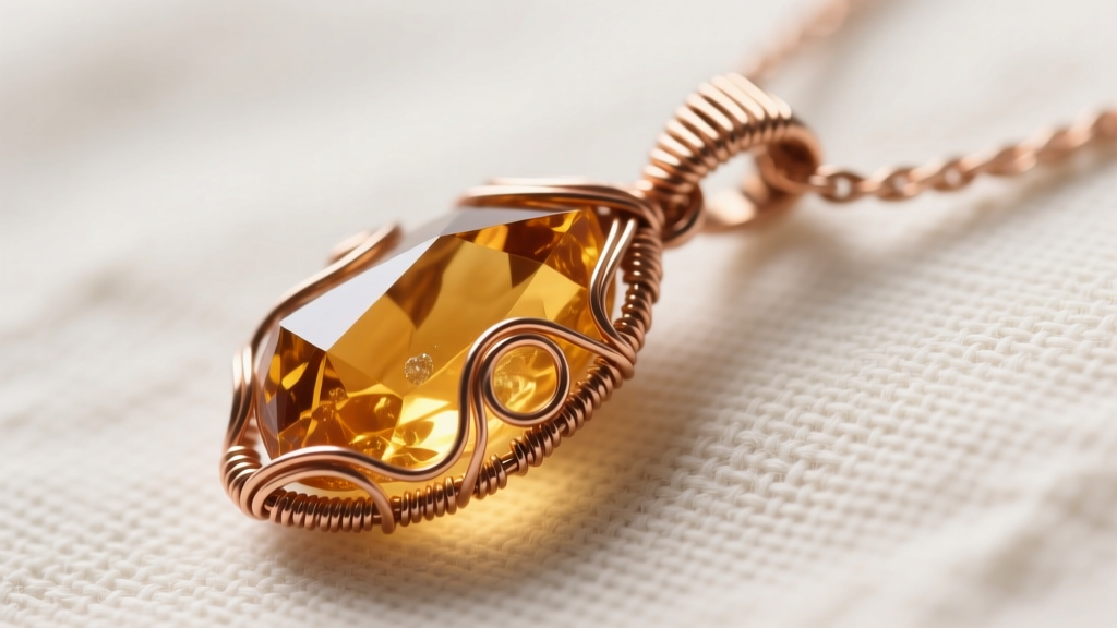 Macro shot of a finished wire-wrapped raw citrine pendant, showing tight 28-gauge weaving and a coiled bail on a linen backdrop
