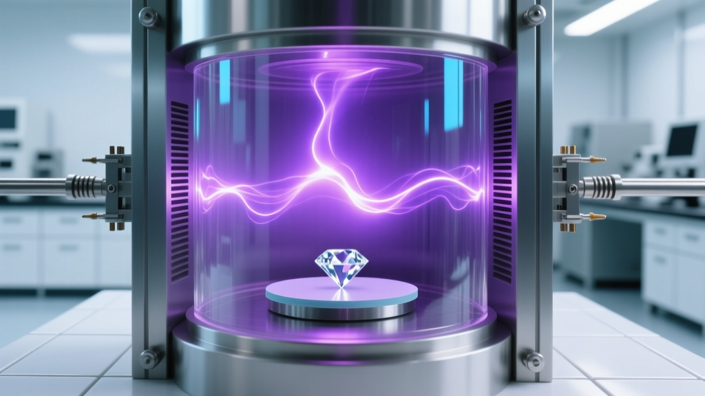 Close-up of a glowing plasma reactor chamber for CVD diamond growth, showing purple plasma and a small diamond seed plate inside