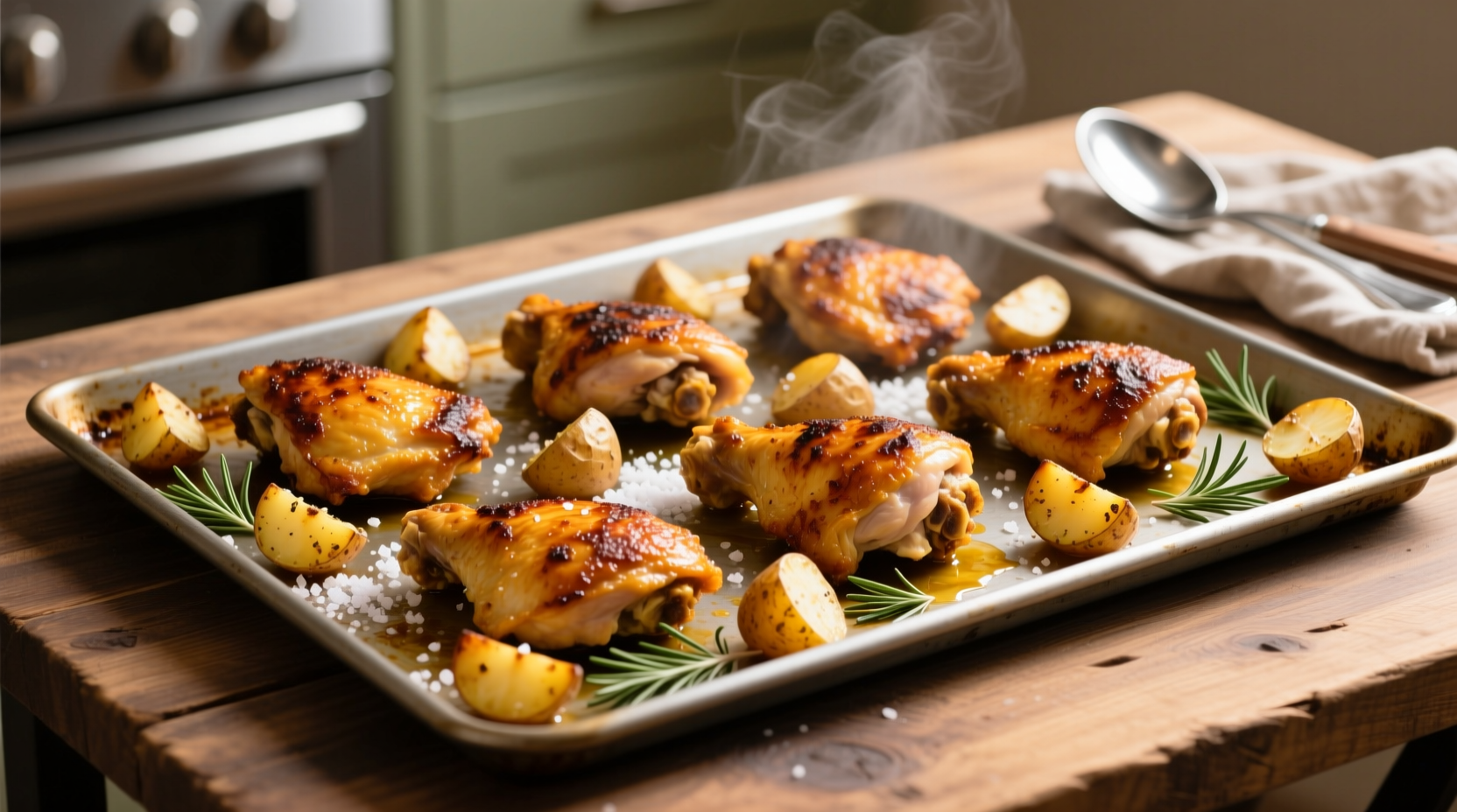 Golden chicken thighs with crispy potatoes on sheet pan