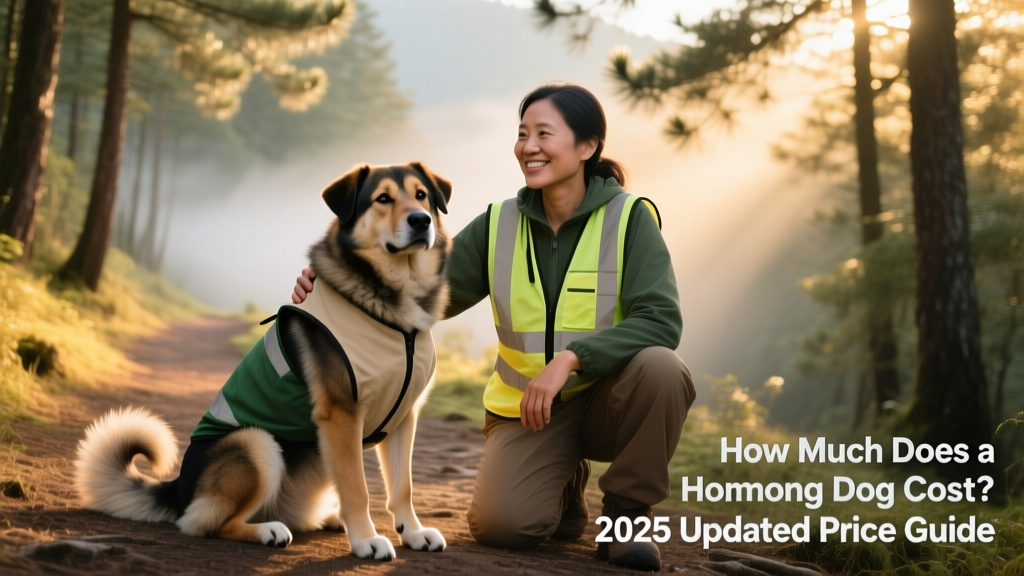 An adult Hmong Dog sitting attentively beside its owner on a hiking trail, both wearing matching reflective gear, showcasing their strong bond and outdoor compatibility