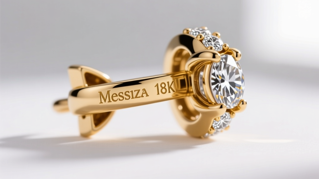 Macro shot of Messika diamond earring clasp showing laser-inscribed serial number and 18k gold hallmark under a jeweler's loupe