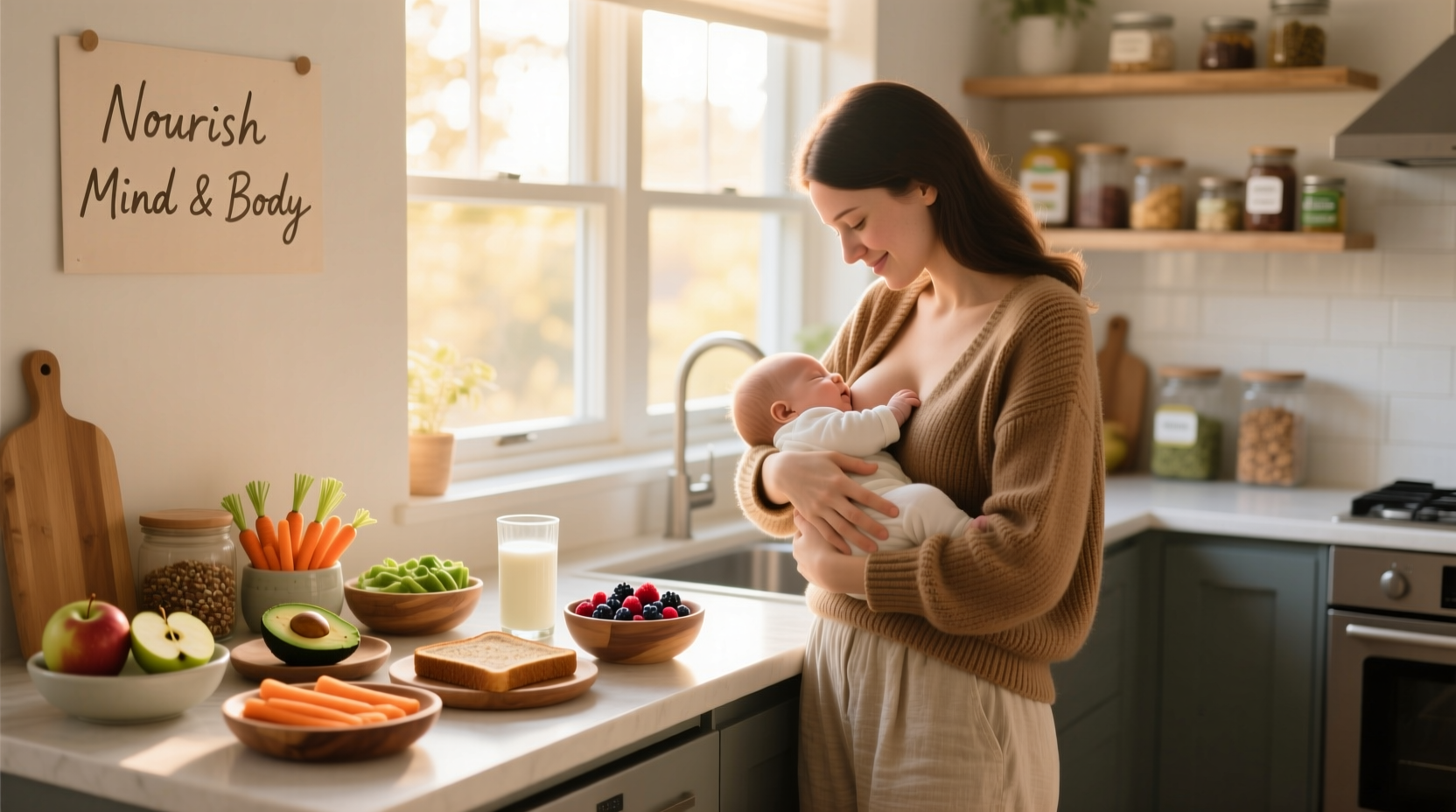 Mother breastfeeding with healthy food options