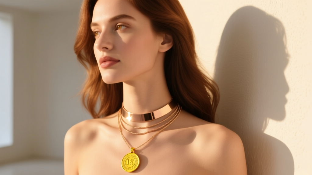 Woman wearing a layered stack with a 16-inch rose gold mothers choker and an 18-inch yellow gold coin pendant in warm sunlight