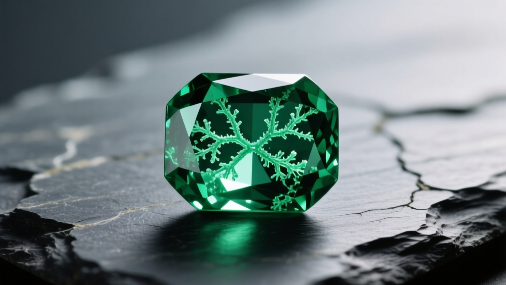 Macro shot of a loose emerald showing natural jardin inclusions and rich green color, resting on a dark textured slate surface.