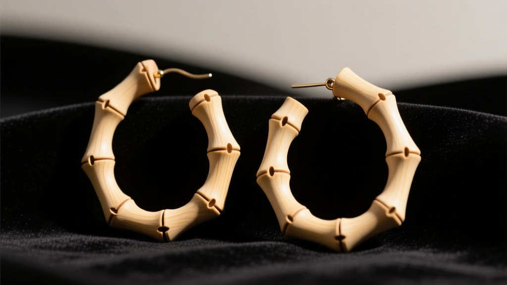 Oversized nineties bamboo earrings carved from light wood on dark velvet, side lighting highlighting the segmented hoop nodes.