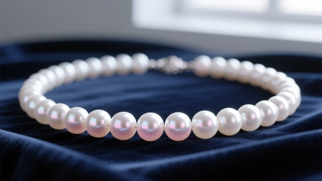 Close-up of an 18-inch white Akoya pearl necklace on navy velvet, showing sharp mirror-like luster and subtle rose overtones