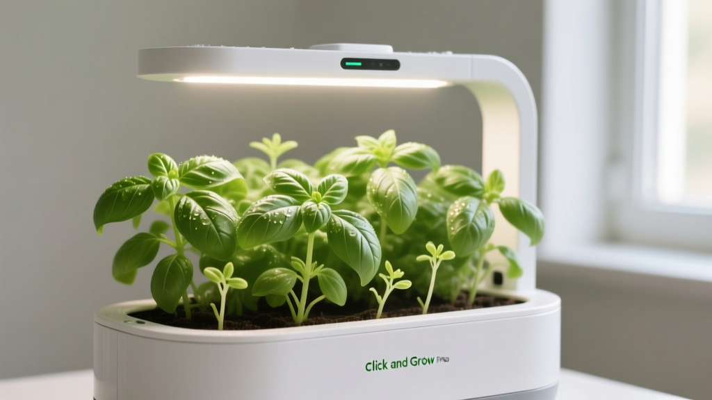 Close-up of a Click and Grow Smart Garden 9 Pro showing the automated LED light arm extended over thriving basil plants