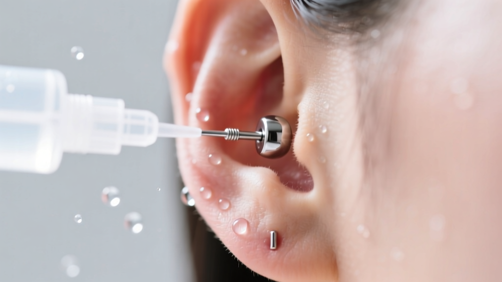 Sterile aerosol wound wash sprayed near a fresh earlobe piercing with a titanium labret stud under soft, clean clinical lighting