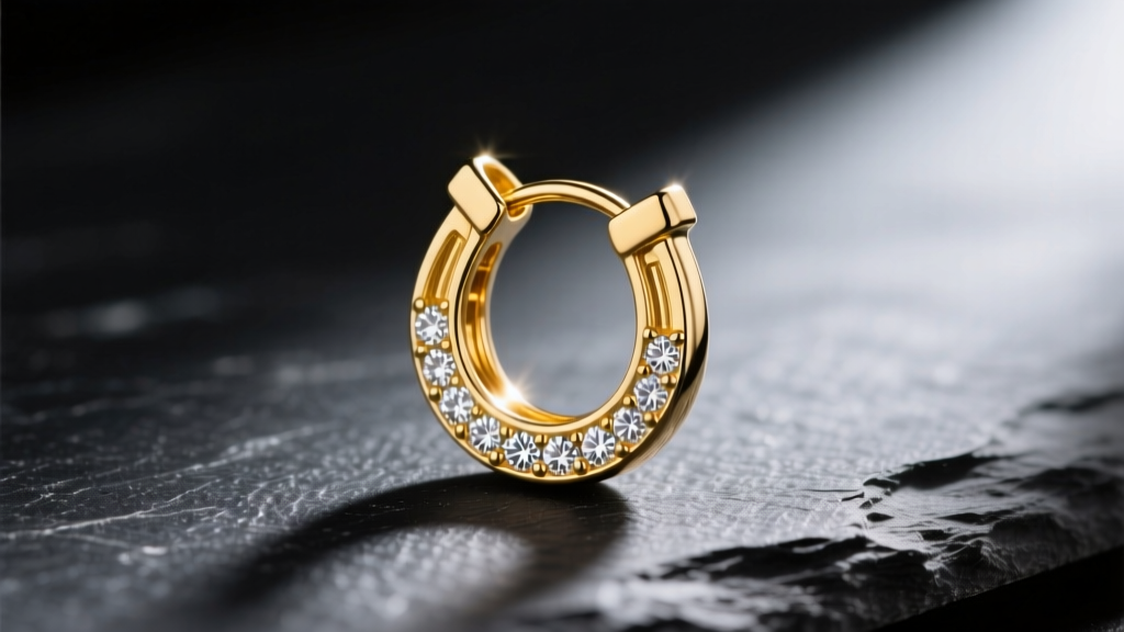 Macro photography of a 14k yellow gold internally threaded diamond horseshoe earring, 10mm diameter, resting on dark slate.
