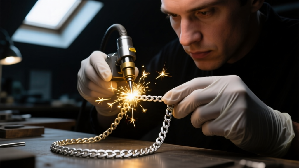 Jeweler using a laser welder to fix a microscopic link on a custom platinum figaro chain, with bright sparks in a dark workshop
