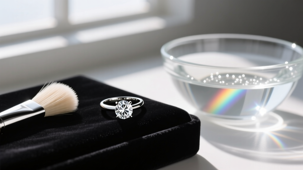 Diamond solitaire ring on dark velvet next to a soft-bristled brush and glass bowl of cleaning solution in soft light