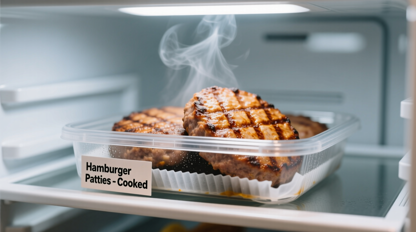 Cooked hamburger patties in airtight container in refrigerator