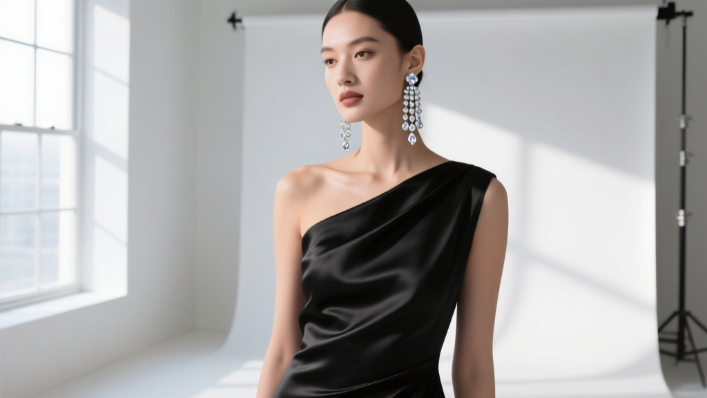 Elegant model wearing a black silk one-shoulder gown paired with cascading diamond chandelier statement earrings, studio light