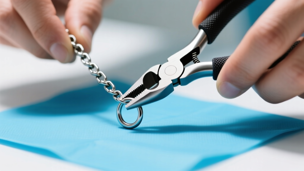 Hands holding nylon chain nose pliers to adjust a 16-gauge titanium septum hoop on a sterile blue pad under bright lighting