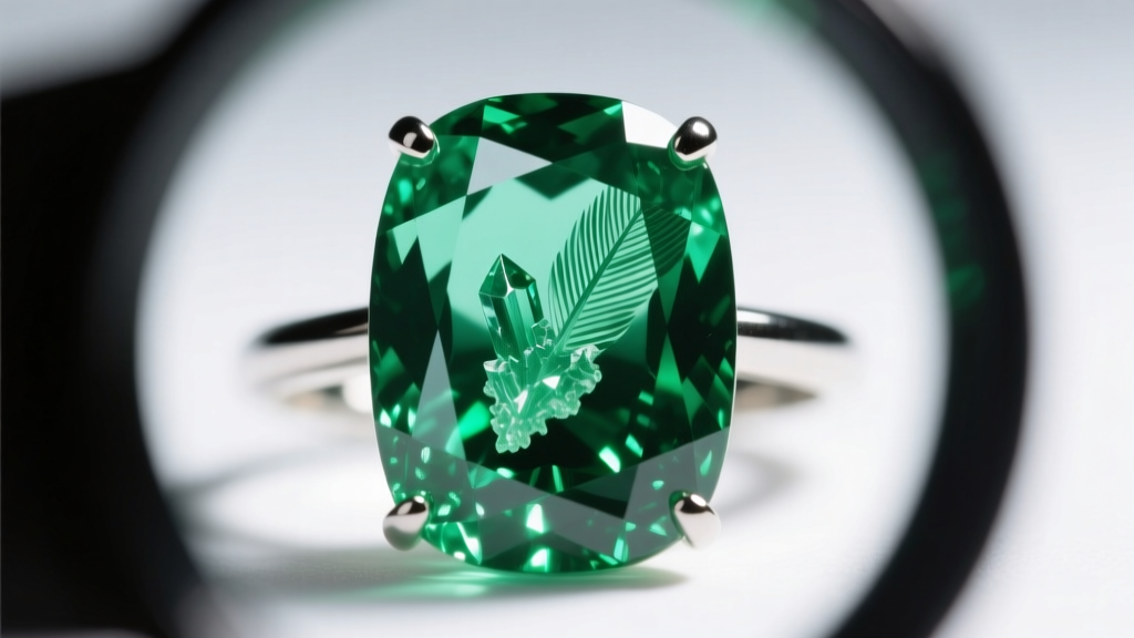 Macro shot of an emerald ring inspected with a loupe, showing internal oil treatments and natural inclusions inside the green stone.