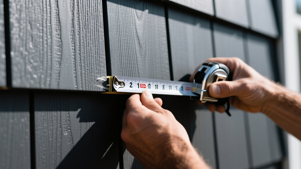 Close-up of a contractor measuring a 1/4-inch expansion gap on a dark gray CertainTeed CedarBoards vinyl siding panel using a metal tape measure