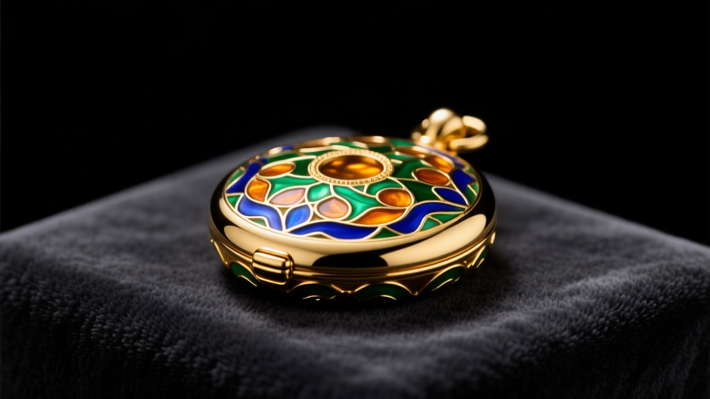 18k yellow gold narrative locket with vitreous enamel guilloche, resting on dark charcoal velvet under soft studio lighting
