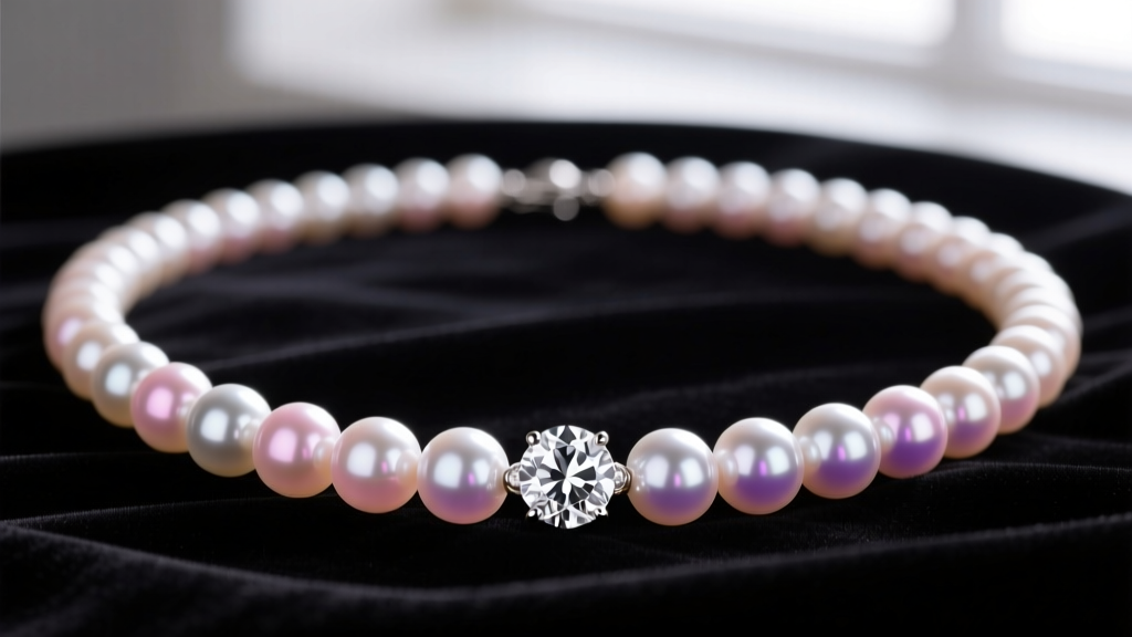 Close-up of an 18-inch Akoya diamond pearl necklace on dark velvet, highlighting the high luster and a single diamond clasp.