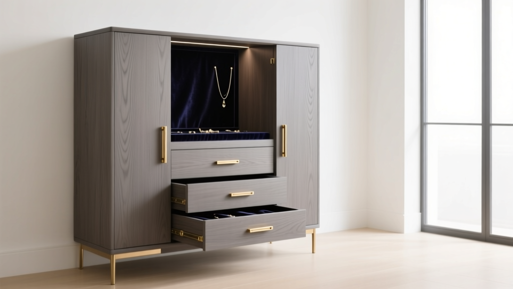 A matte grey wooden jewelry armoire with brass handles and open drawers lined with dark velvet, placed in a bright modern room.