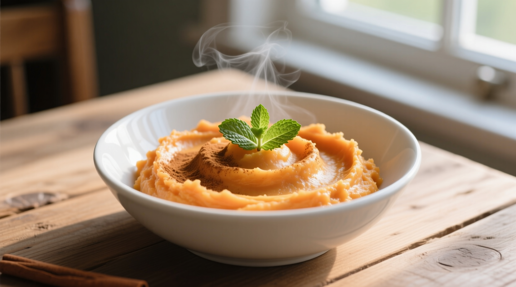 Creamy sweet potato mash in white bowl