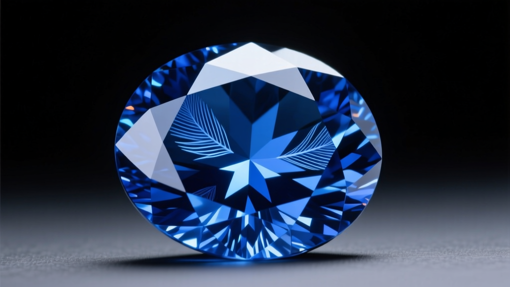 Macro photography of a heated cornflower blue sapphire showing fine silk inclusions and light refraction under gemological lighting