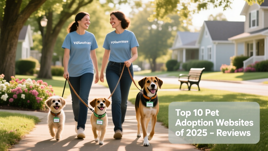 Two volunteers smiling while walking three adopted dogs on a shaded neighborhood trail