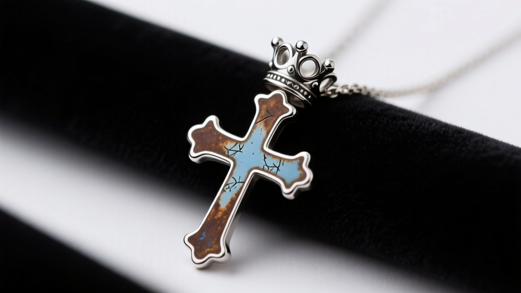 Macro shot of a tarnished sterling silver cross and crown necklace pendant resting on dark velvet cloth under soft studio lighting