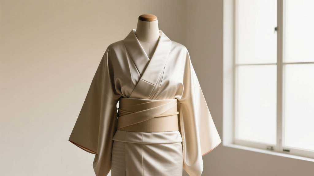 Diagram showing the T-shaped linear silhouette and left-over-right wrapping technique of a traditional Japanese silk kimono.