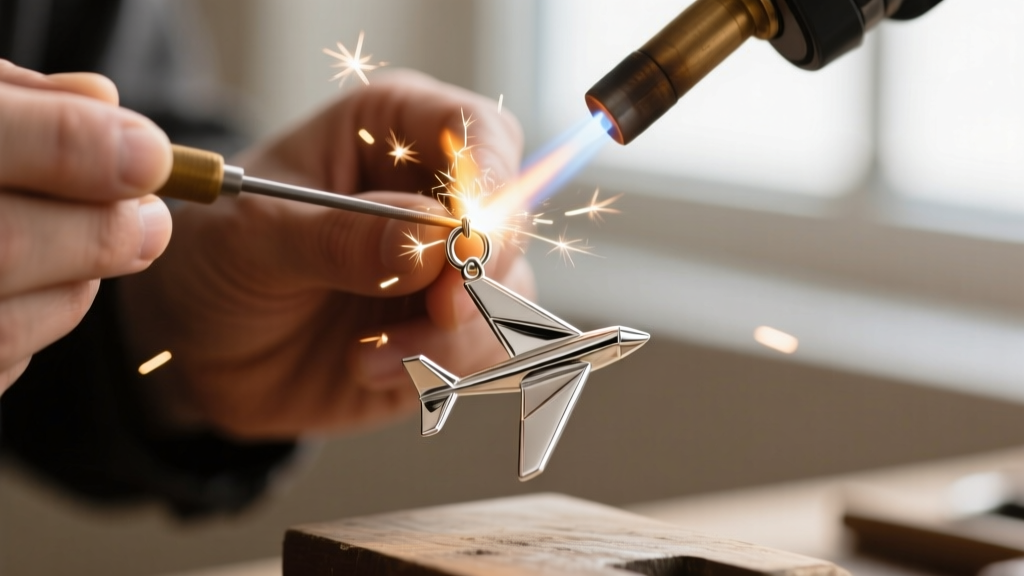 Jeweler using a micro-torch to apply hard silver solder to a tiny jump ring bail on the spine of a folded silver airplane pendant.