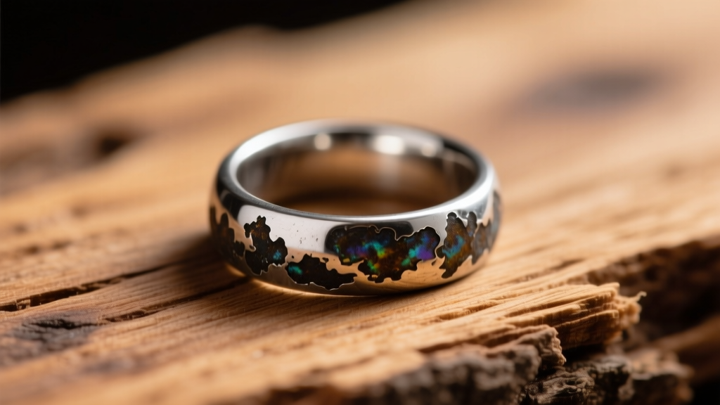 Macro photo of a tarnished silver ring resting on raw unsealed oak wood grain, highlighting the dark oxidation on the metal.