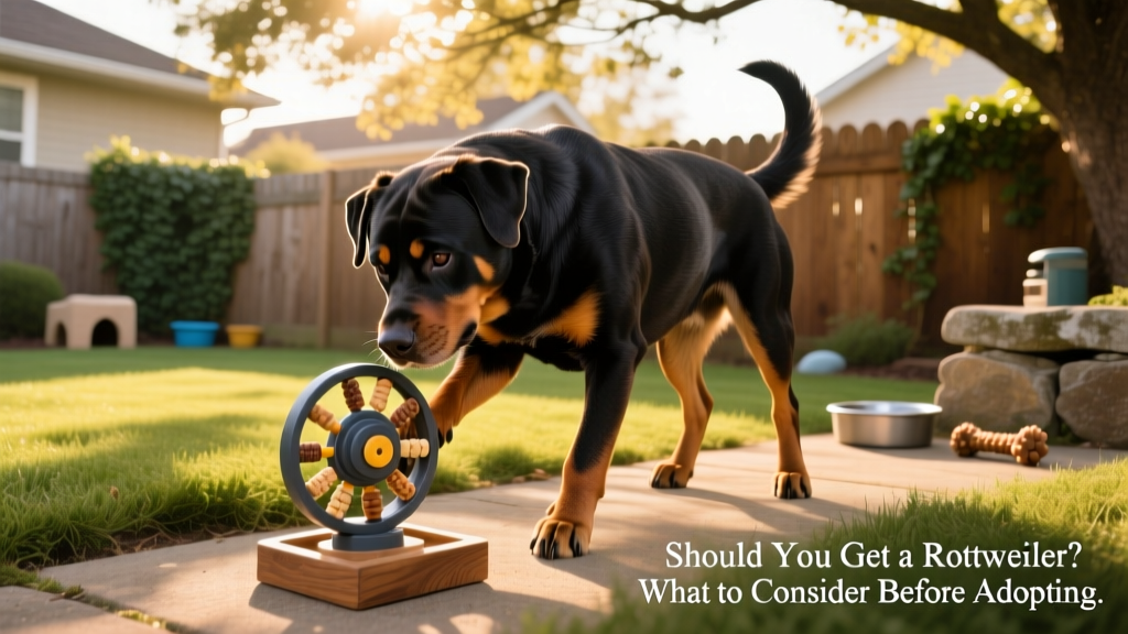 An adult Rottweiler focused on solving a treat-dispensing puzzle toy in a backyard setting