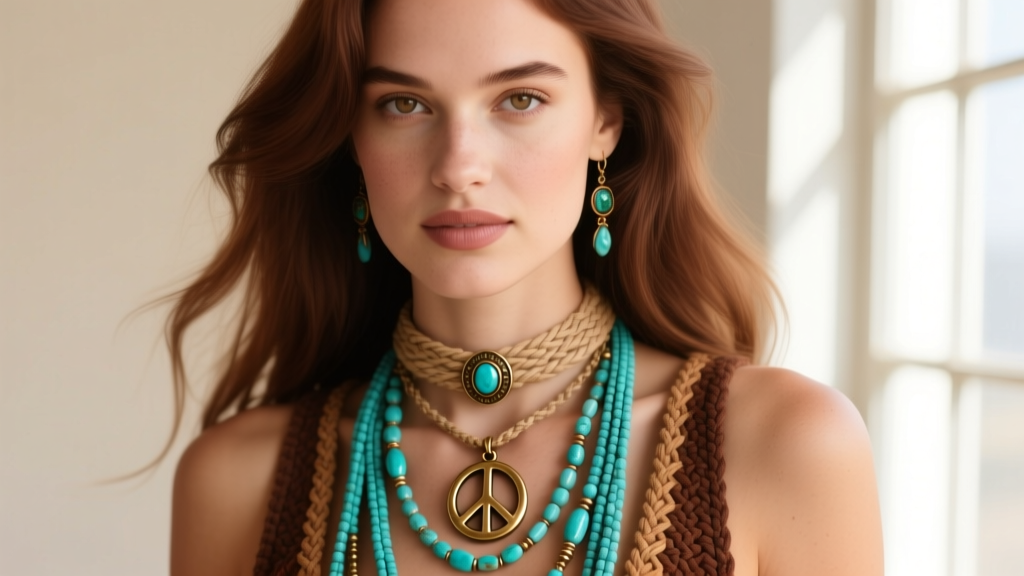 Portrait of a model wearing a layered 70s hippie jewelry stack with a hemp choker, brass peace sign, and long turquoise lariat