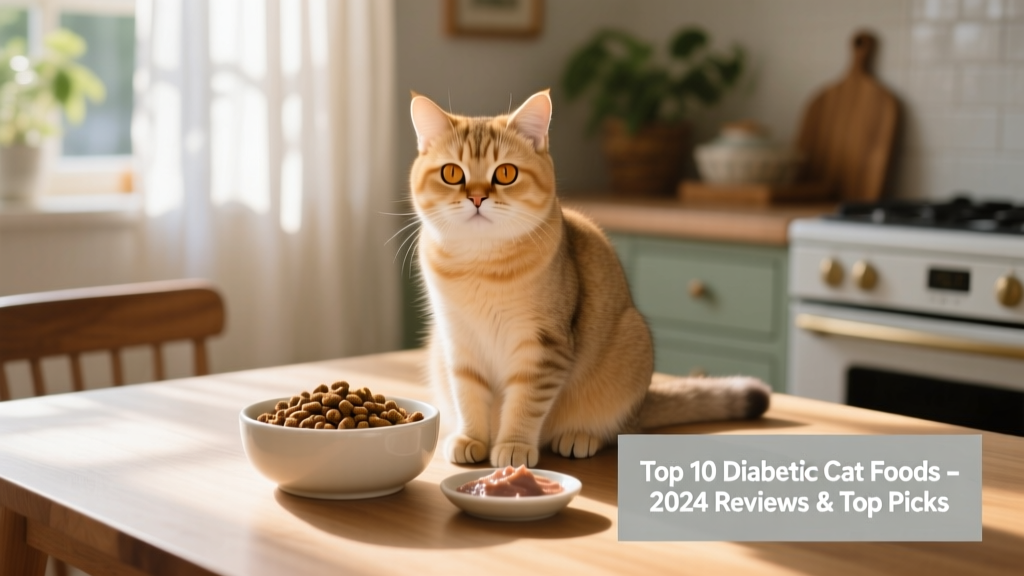 A calm, healthy cat sitting beside a clean bowl of kibble and a small portion of wet food