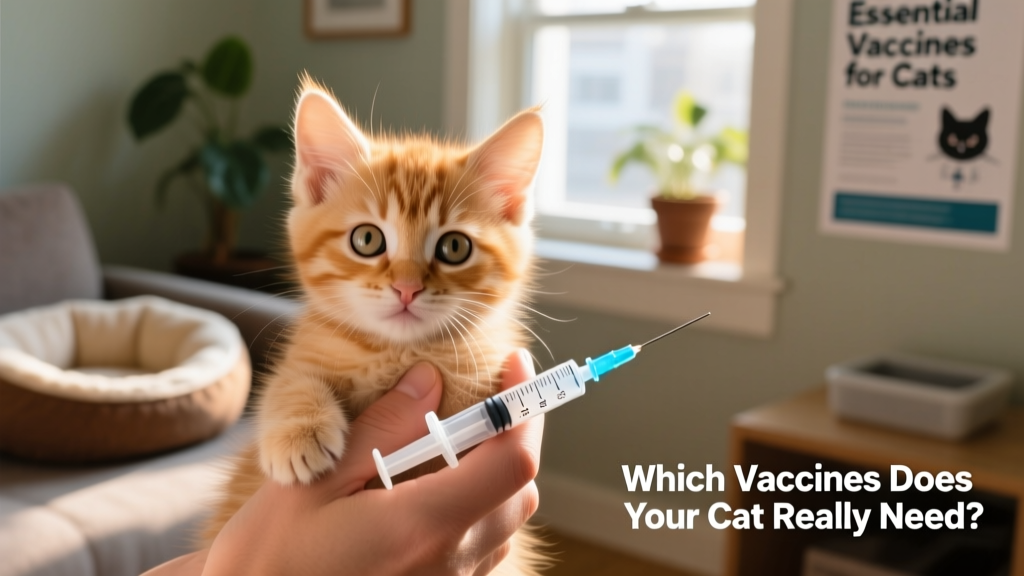 Close-up of a kitten receiving its first FVRCP vaccine, with a gentle hand holding its scruff