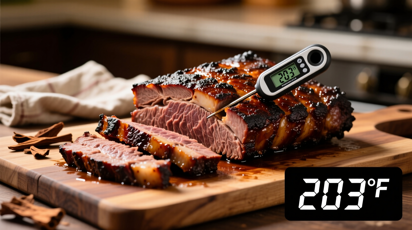 Perfectly cooked brisket with probe thermometer showing 203°F