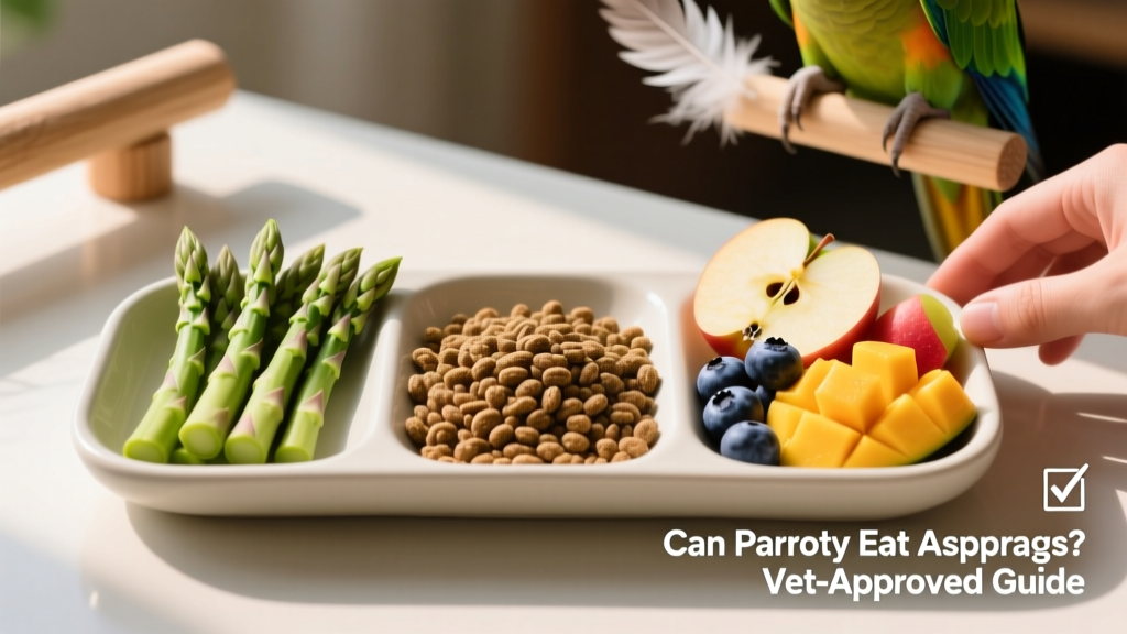 Side-by-side comparison of a balanced parrot meal: fresh vegetables, pellets, and fruit on a clean feeding tray